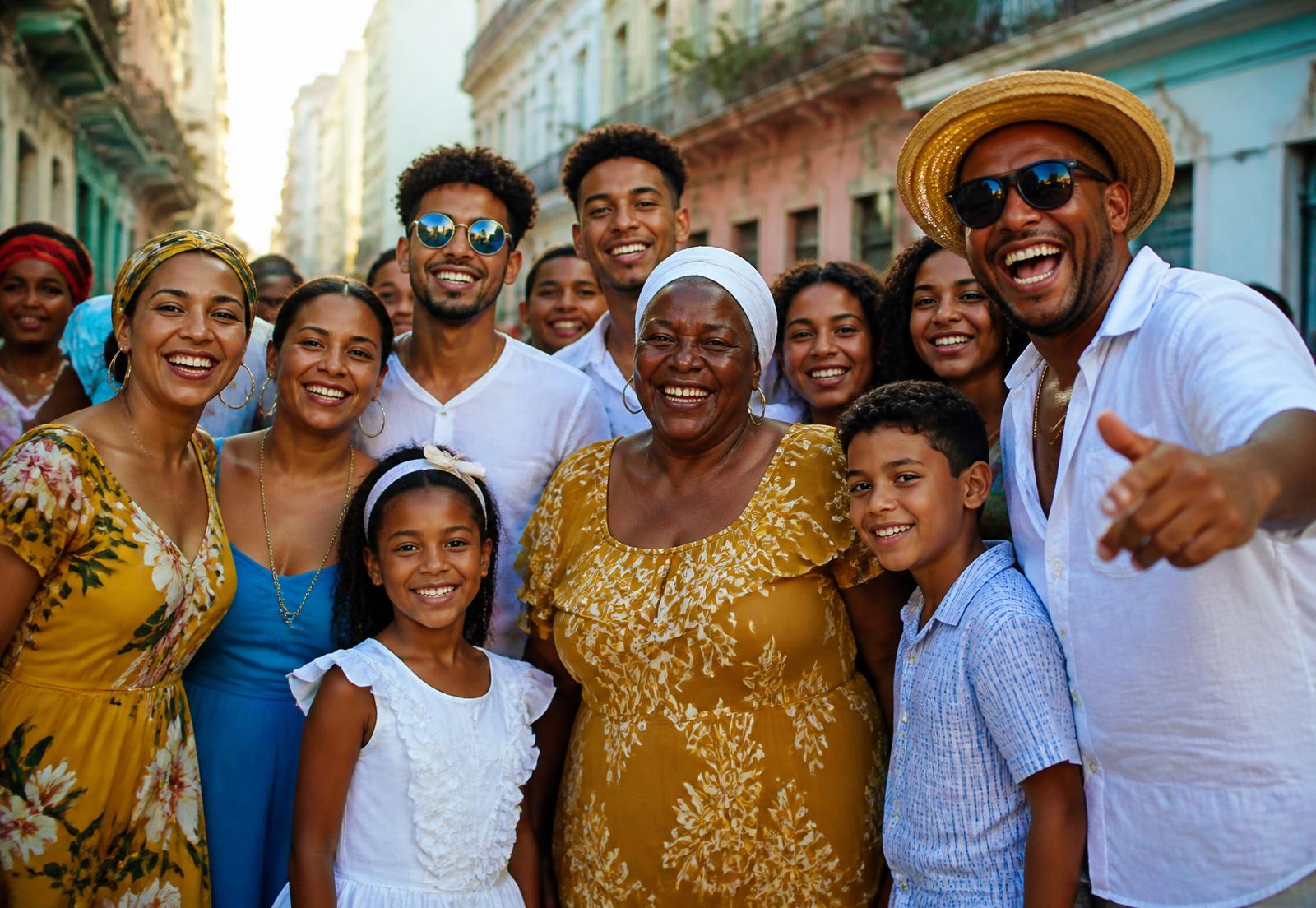 Cuban family smiling together on a sunlit street